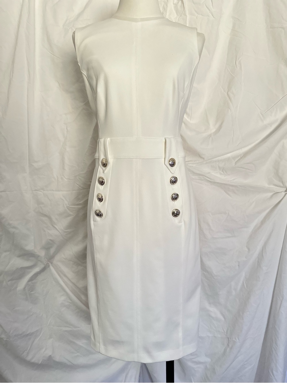 Tommy Hilfiger White Sleeveless Midi Sheath Dress with Silver Buttons